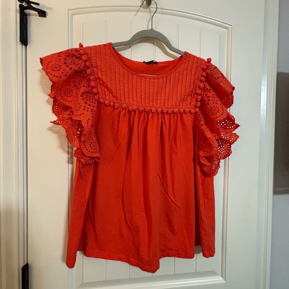 J Crew  Burnt Orange Flutter Eyelet Sleeve Top